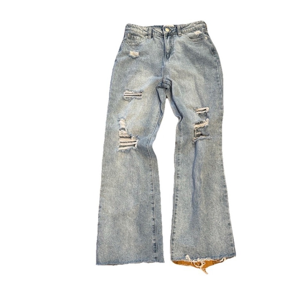 Abound Women's High Rise Distressed Denim Mom Jeans Size‎ 28 Raw Hem Wide Leg